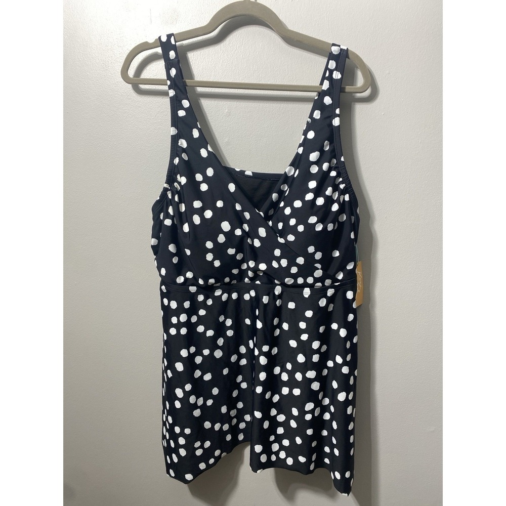 Kona Sol Women's Tankini Swimsuit‎ Top Black & White Polkadots V-Neck 22W - NWT